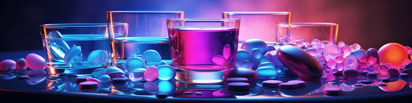 image of drug pills surrounding a glass of water symbolizing drug consumption