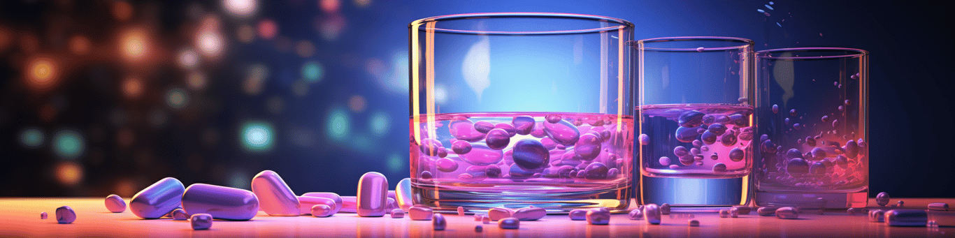 image of drug pills surrounding a glass of water symbolizing drug consumption