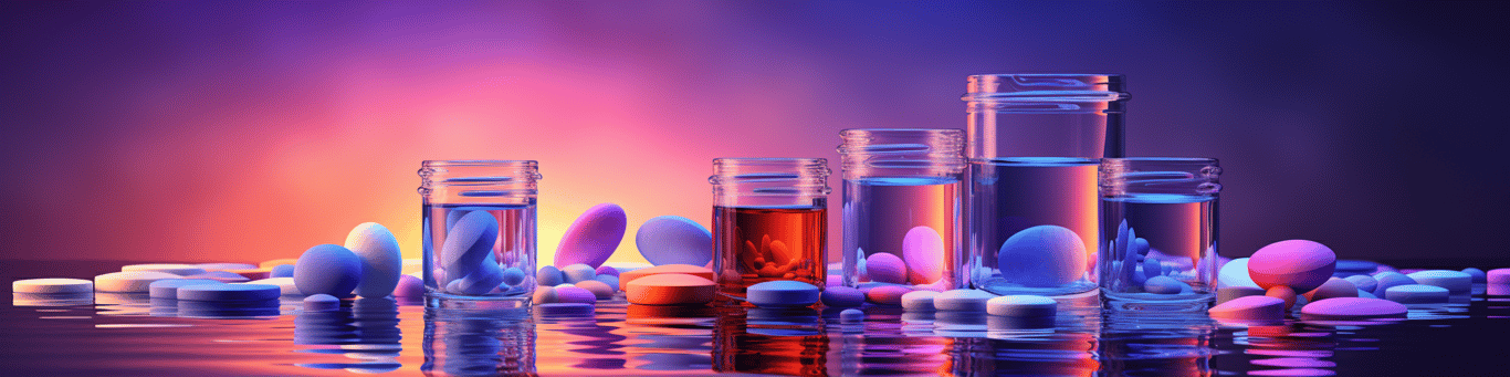 image of drug pills surrounding a glass of water symbolizing drug consumption