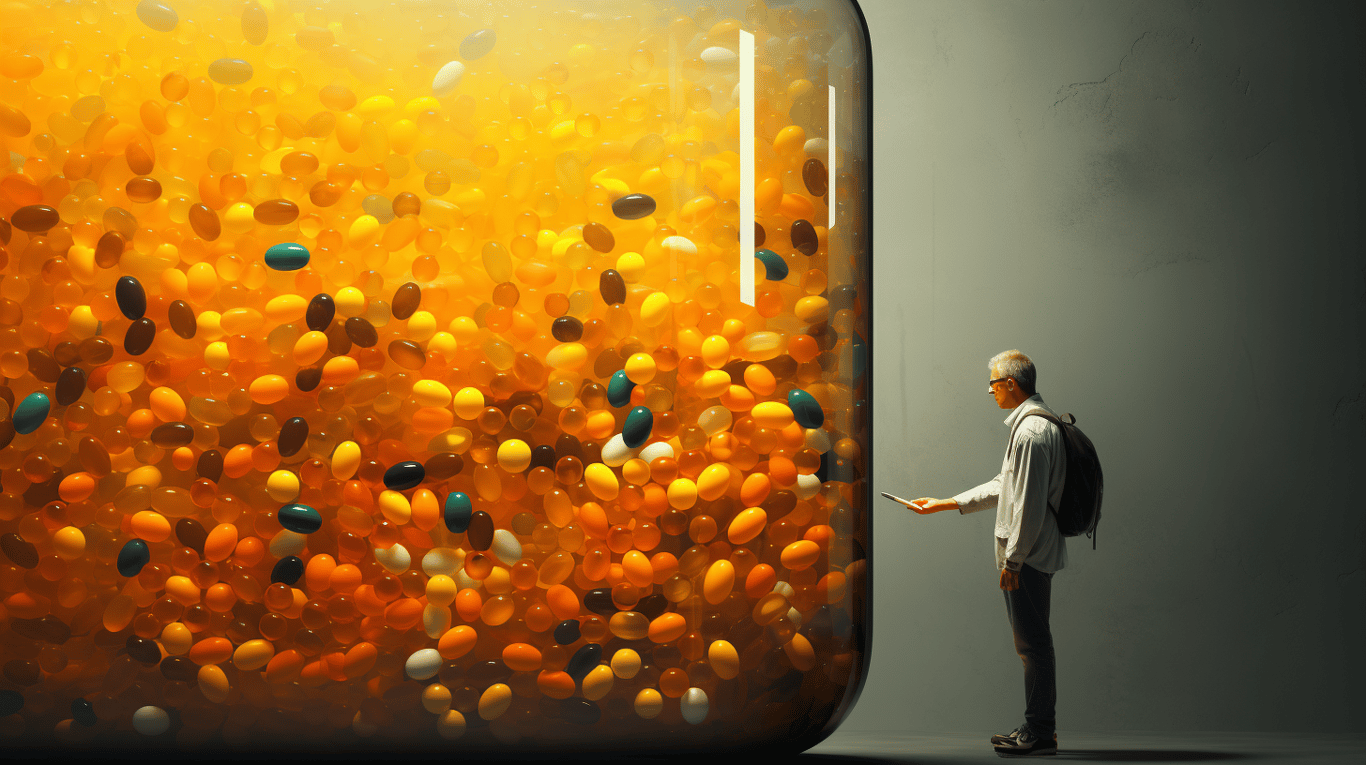 abstract image of a researcher studying a bottle of drug.