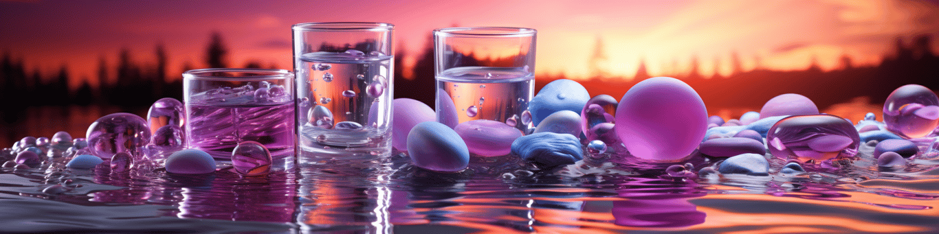 image of drug pills surrounding a glass of water symbolizing drug consumption