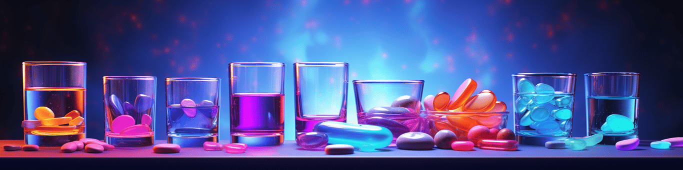 image of drug pills surrounding a glass of water symbolizing drug consumption