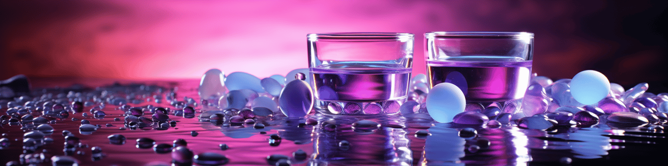 image of drug pills surrounding a glass of water symbolizing drug consumption