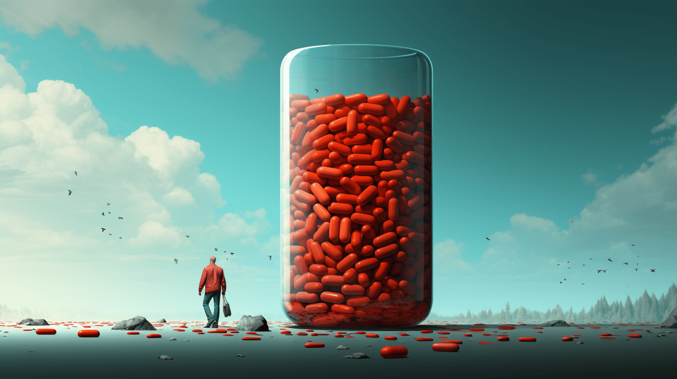 abstract image of a researcher studying a bottle of drug.