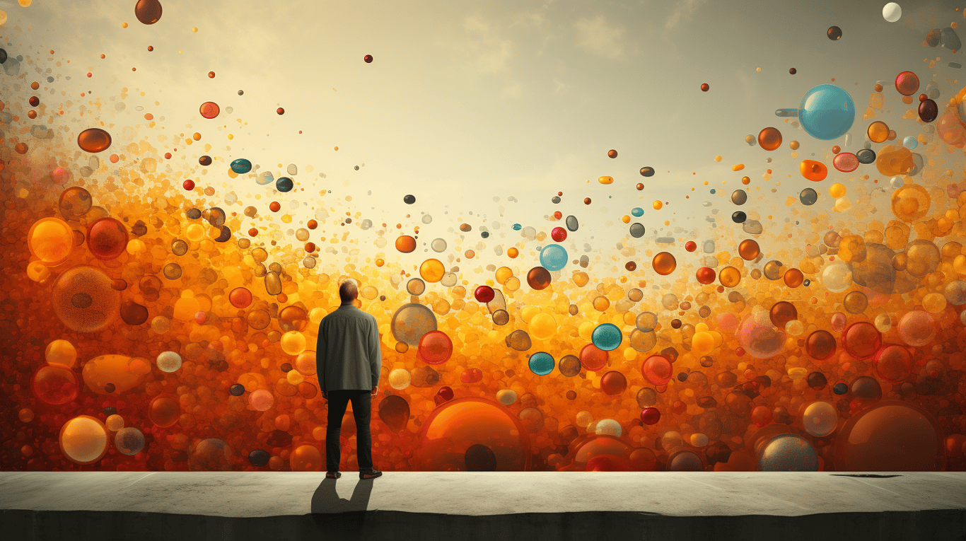 abstract image of a researcher studying a bottle of drug.