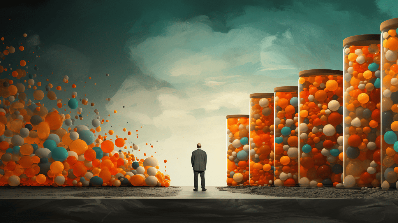 abstract image of a researcher studying a bottle of drug.