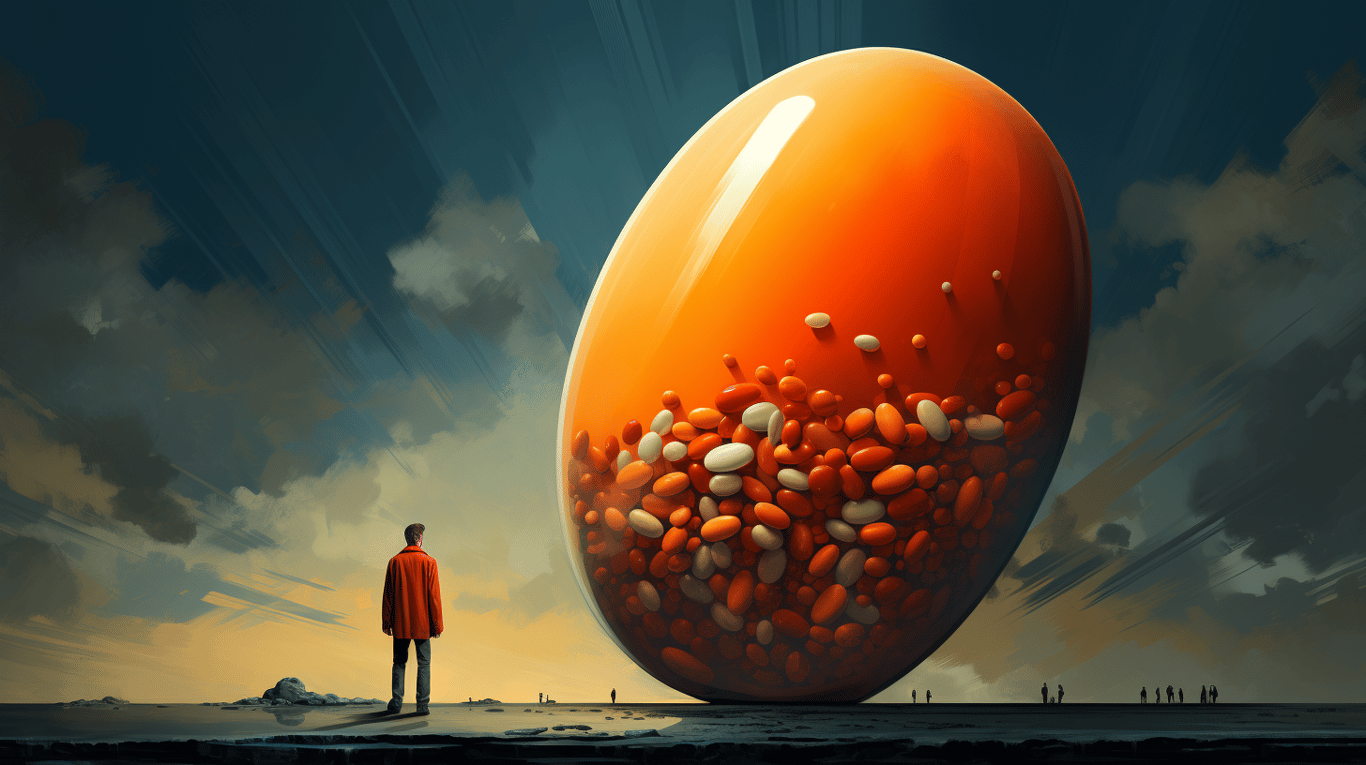 abstract image of a researcher studying a bottle of drug.