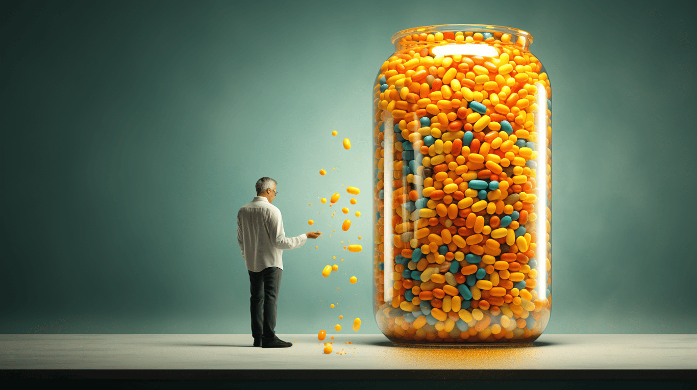 abstract image of a researcher studying a bottle of drug.