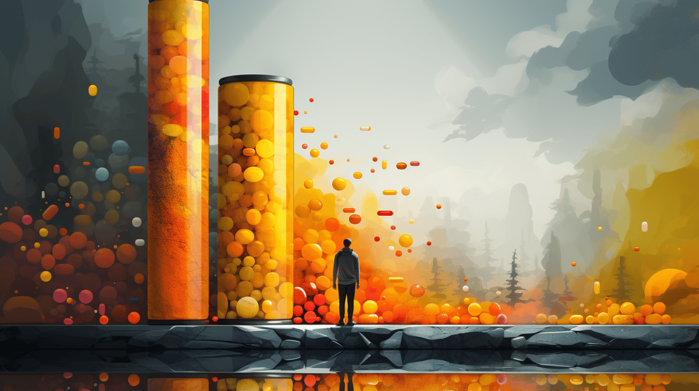 abstract image of a researcher studying a bottle of drug.