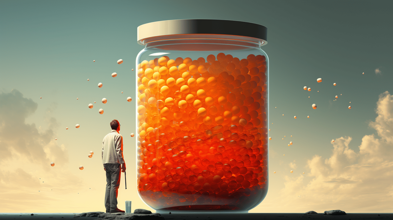 abstract image of a researcher studying a bottle of drug.