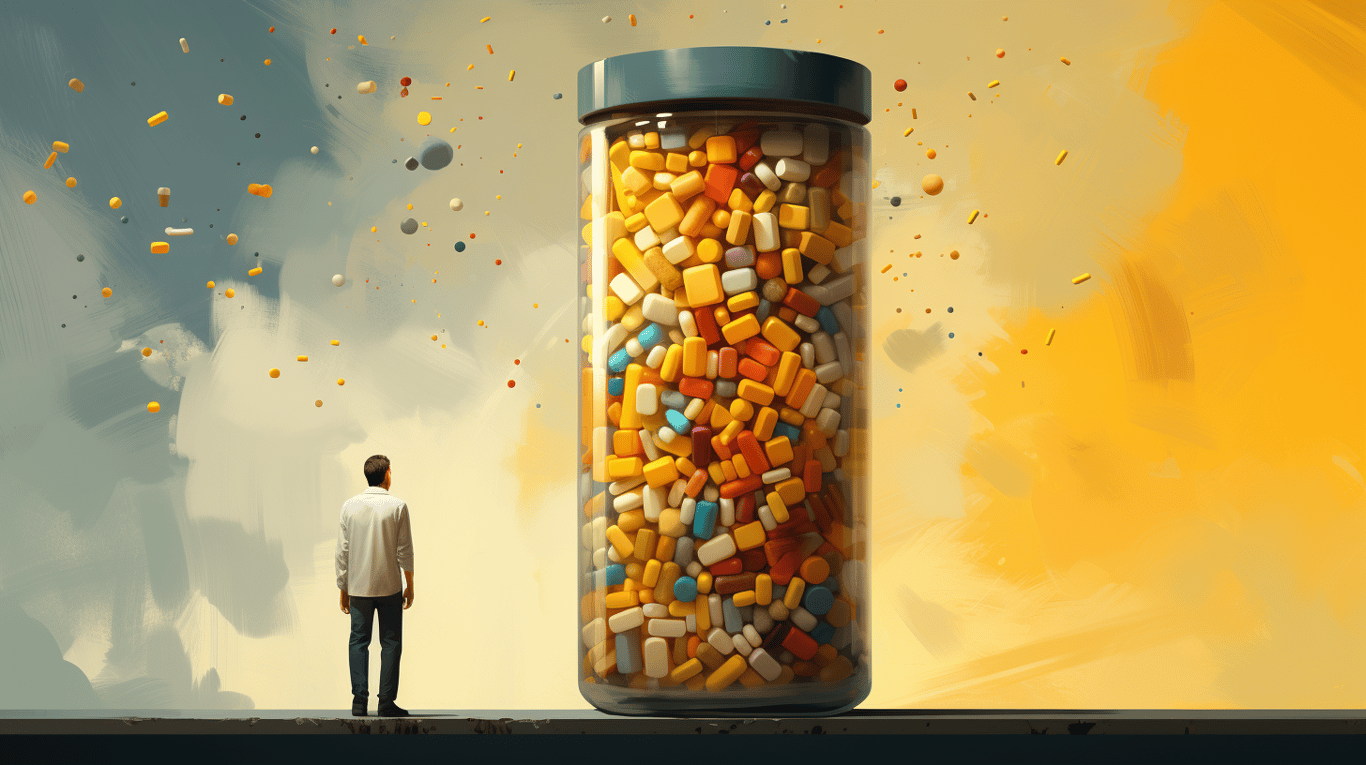 abstract image of a researcher studying a bottle of drug.