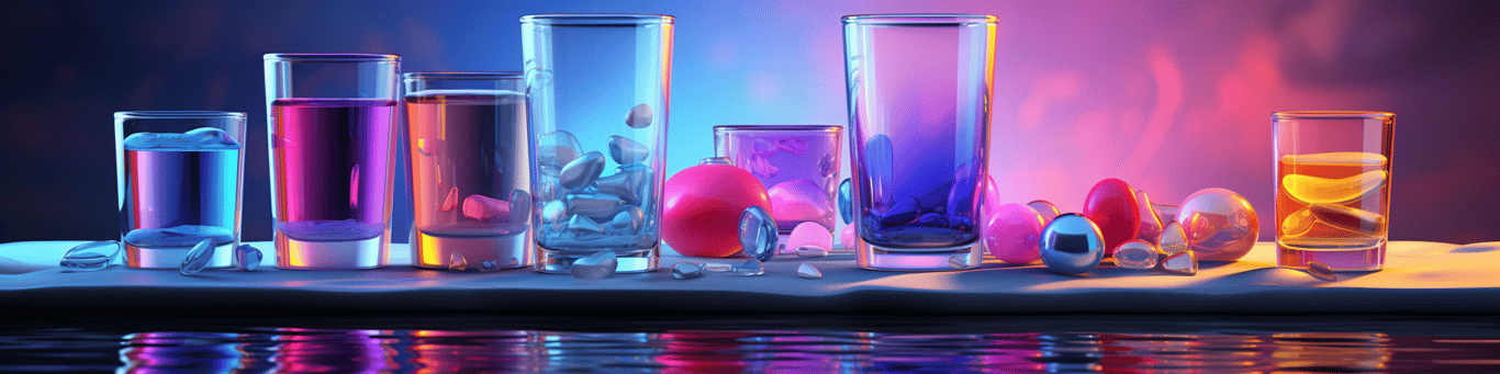 image of drug pills surrounding a glass of water symbolizing drug consumption