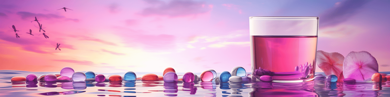 image of drug pills surrounding a glass of water symbolizing drug consumption