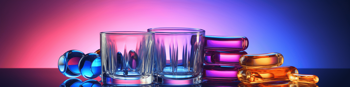 image of drug pills surrounding a glass of water symbolizing drug consumption