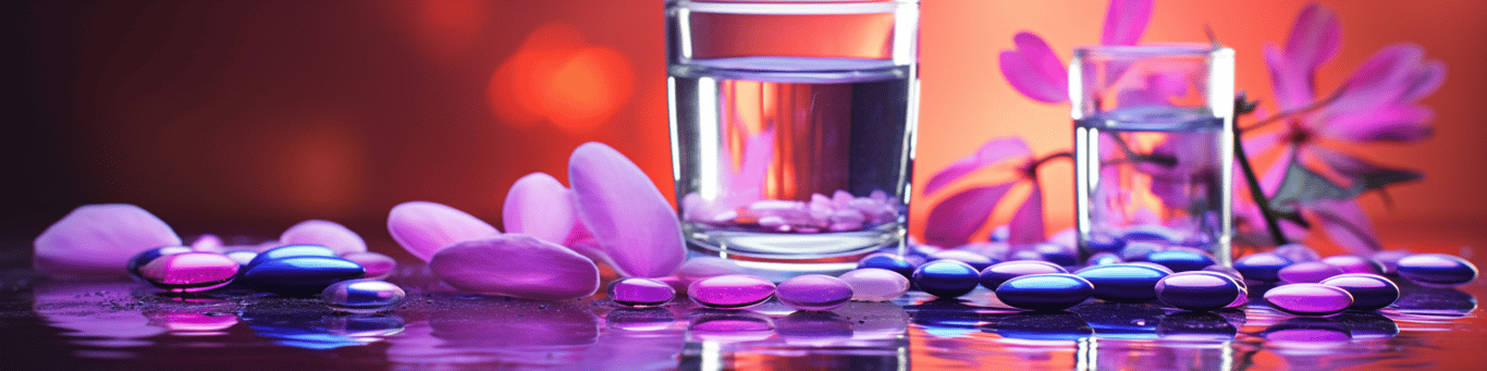 image of drug pills surrounding a glass of water symbolizing drug consumption