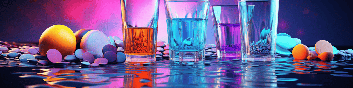 image of drug pills surrounding a glass of water symbolizing drug consumption