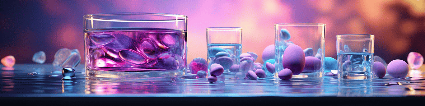 image of drug pills surrounding a glass of water symbolizing drug consumption
