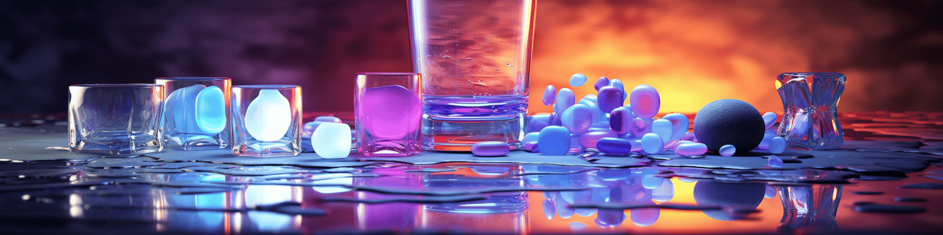 image of drug pills surrounding a glass of water symbolizing drug consumption