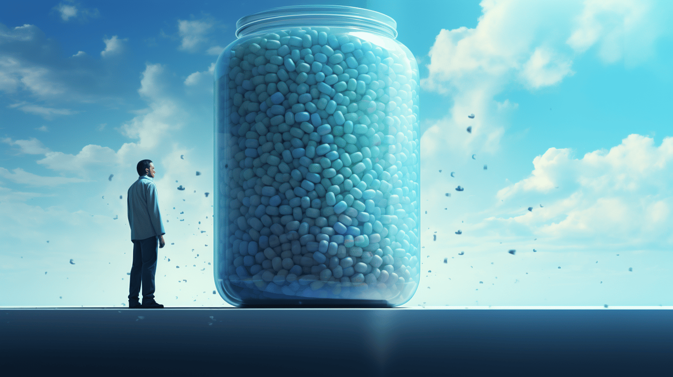 abstract image of a researcher studying a bottle of drug.