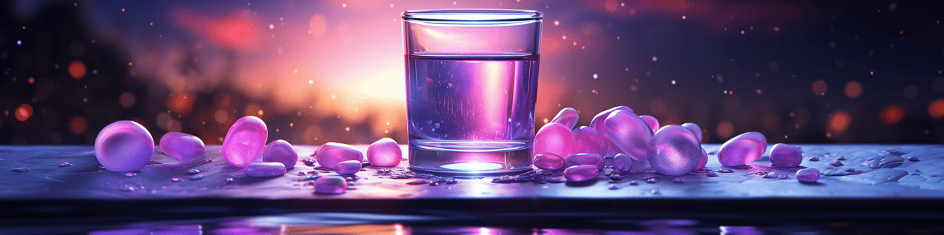 image of drug pills surrounding a glass of water symbolizing drug consumption