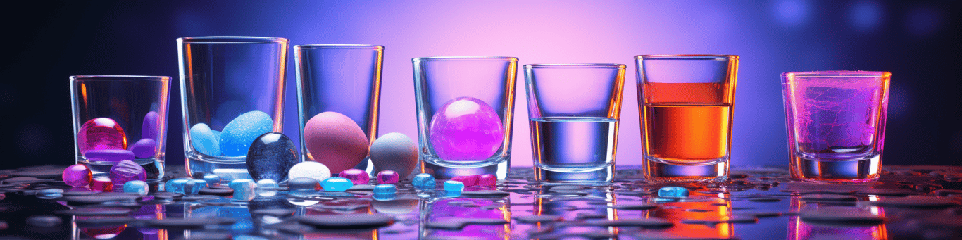 image of drug pills surrounding a glass of water symbolizing drug consumption