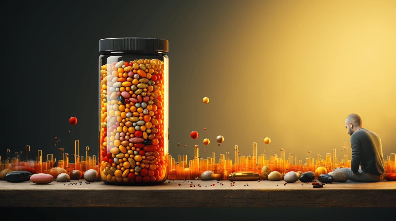 abstract image of a researcher studying a bottle of drug.