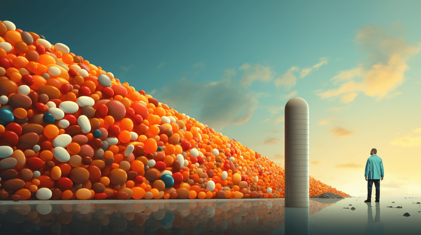 abstract image of a researcher studying a bottle of drug.