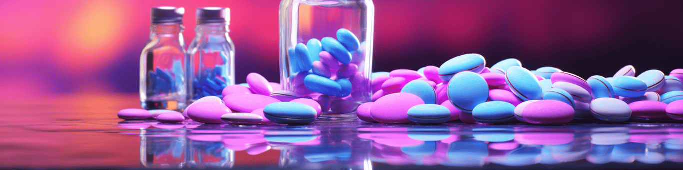 image of drug pills surrounding a glass of water symbolizing drug consumption