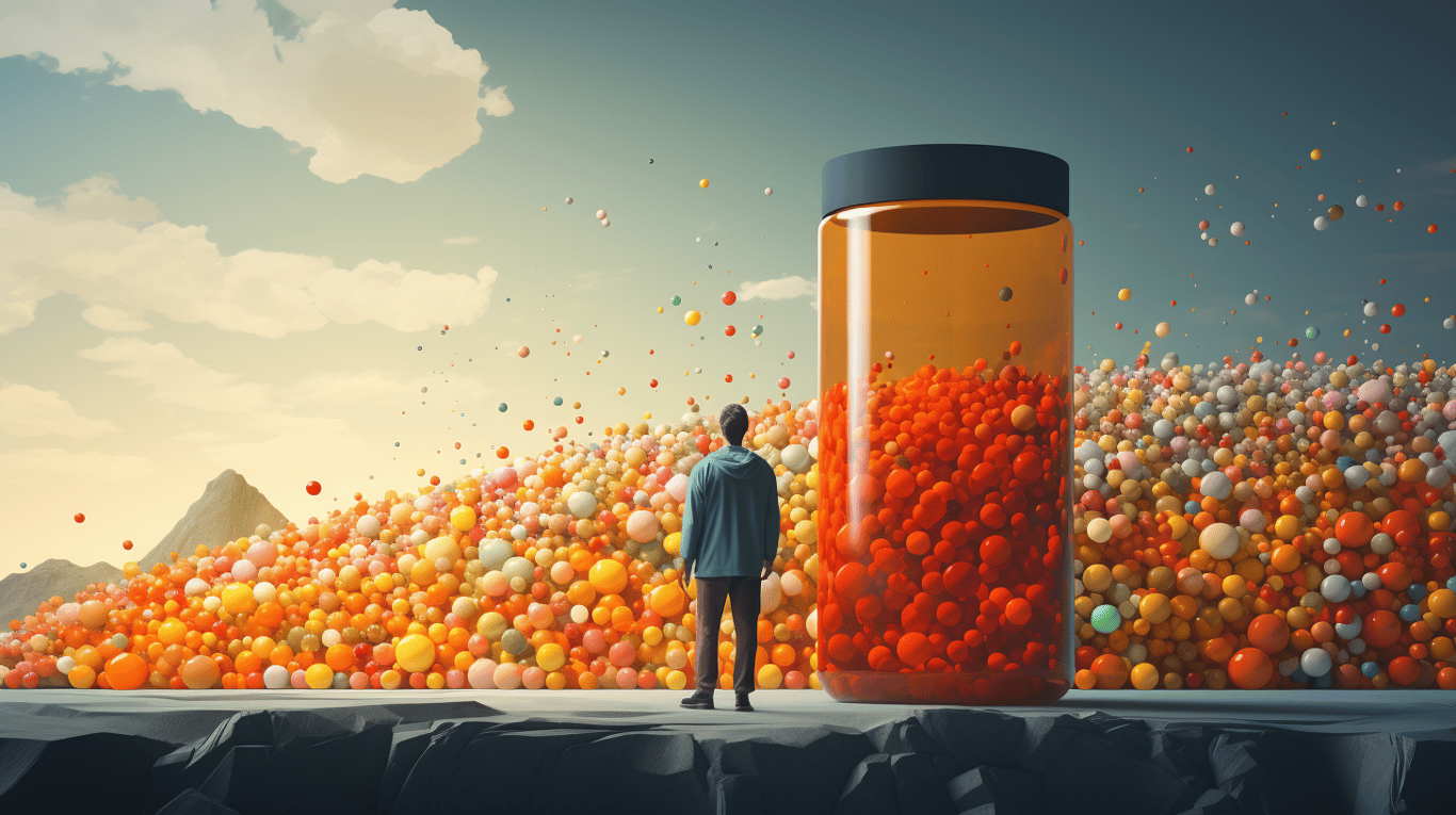 abstract image of a researcher studying a bottle of drug.