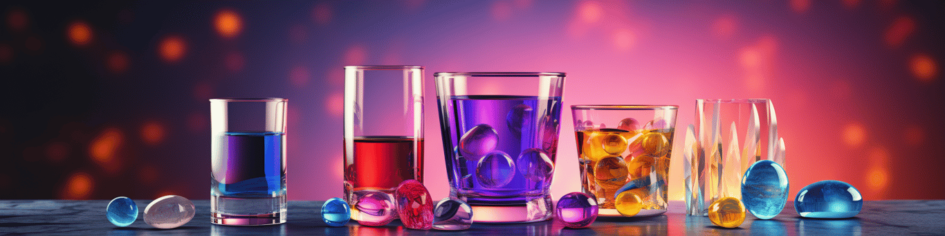 image of drug pills surrounding a glass of water symbolizing drug consumption