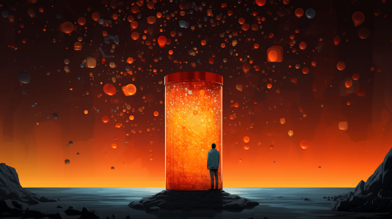 abstract image of a researcher studying a bottle of drug.