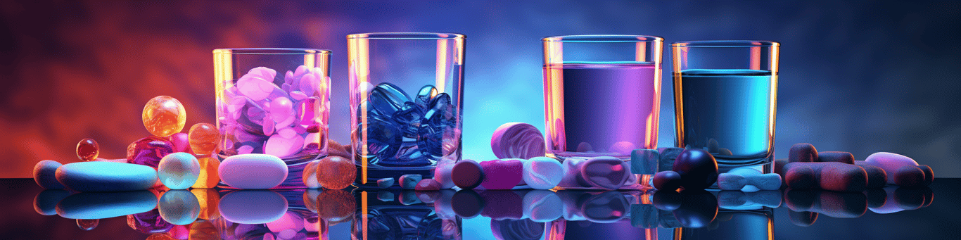 image of drug pills surrounding a glass of water symbolizing drug consumption