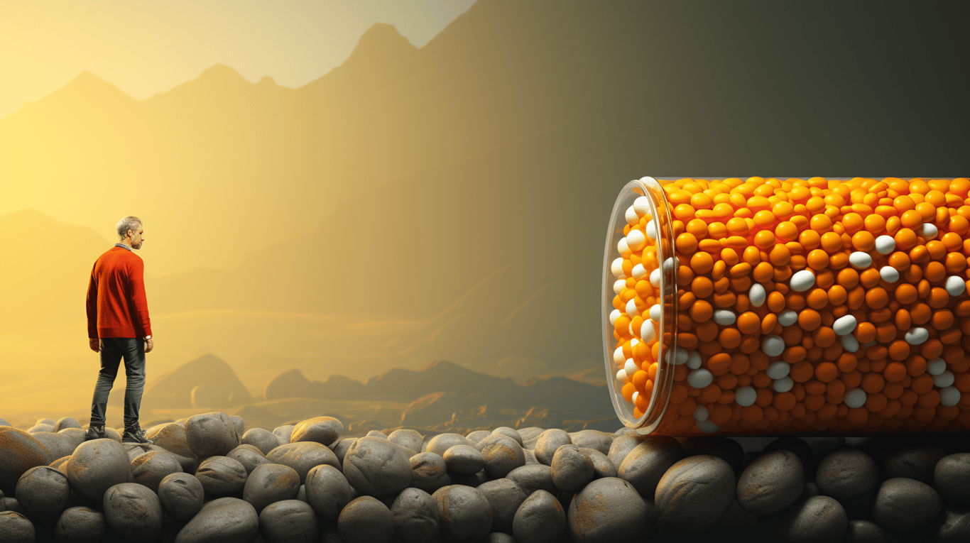 abstract image of a researcher studying a bottle of drug.