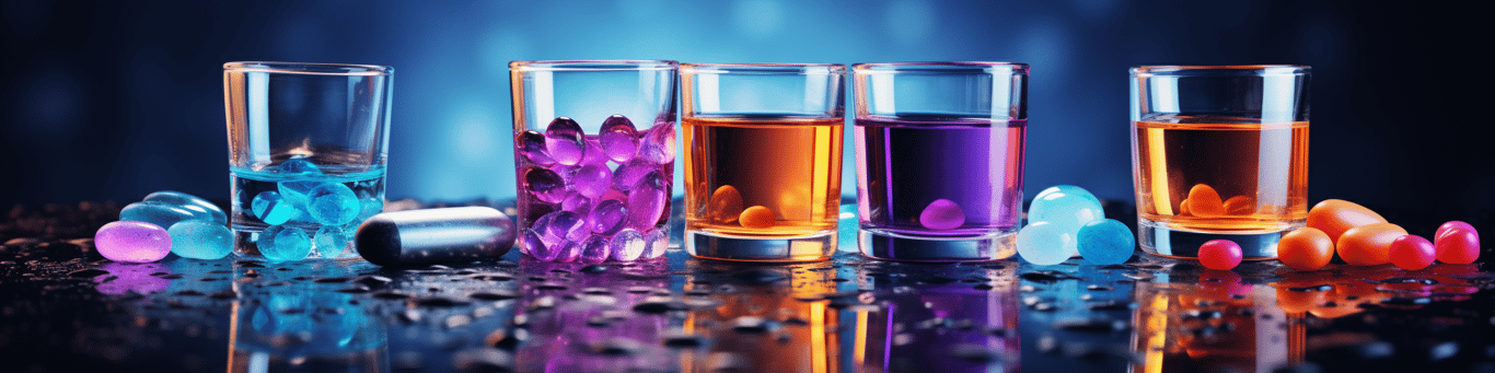 image of drug pills surrounding a glass of water symbolizing drug consumption