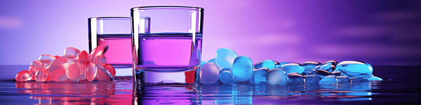 image of drug pills surrounding a glass of water symbolizing drug consumption