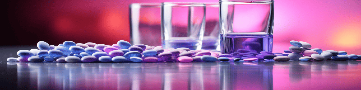 image of drug pills surrounding a glass of water symbolizing drug consumption