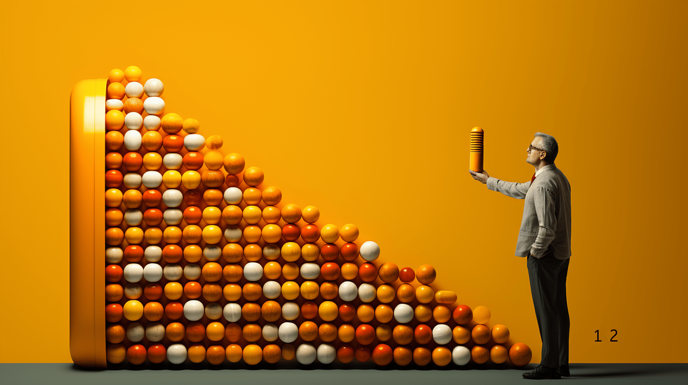 abstract image of a researcher studying a bottle of drug.
