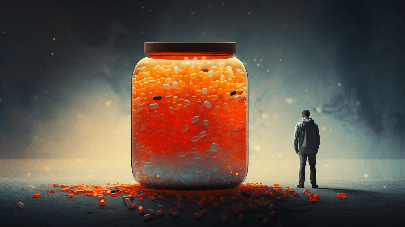 abstract image of a researcher studying a bottle of drug.