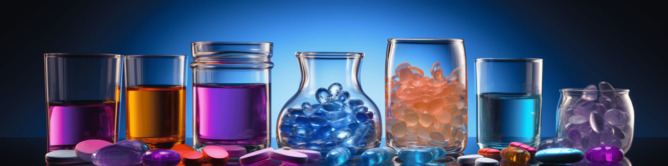 image of drug pills surrounding a glass of water symbolizing drug consumption