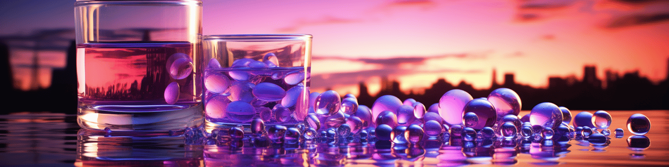 image of drug pills surrounding a glass of water symbolizing drug consumption