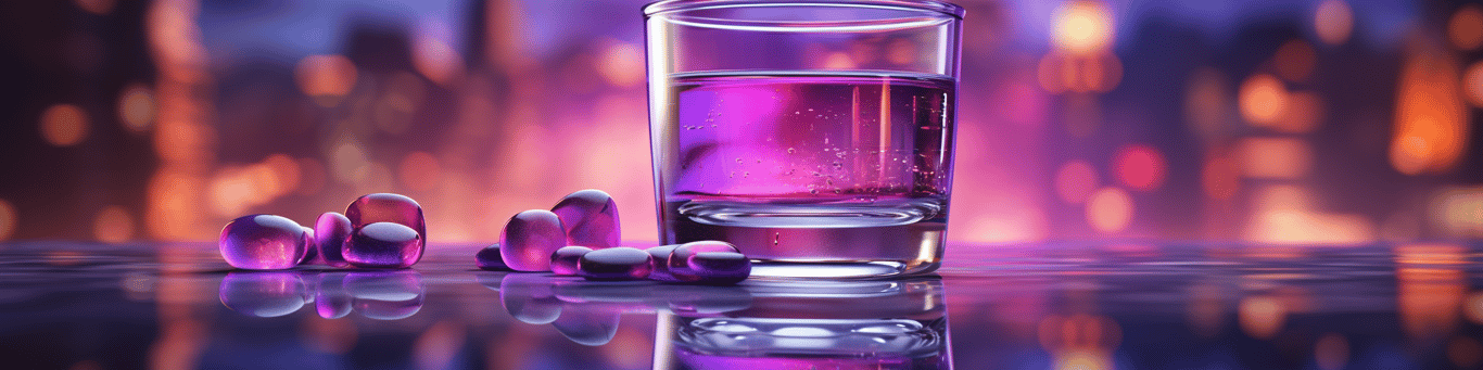 image of drug pills surrounding a glass of water symbolizing drug consumption