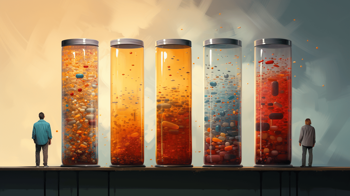 abstract image of a researcher studying a bottle of drug.