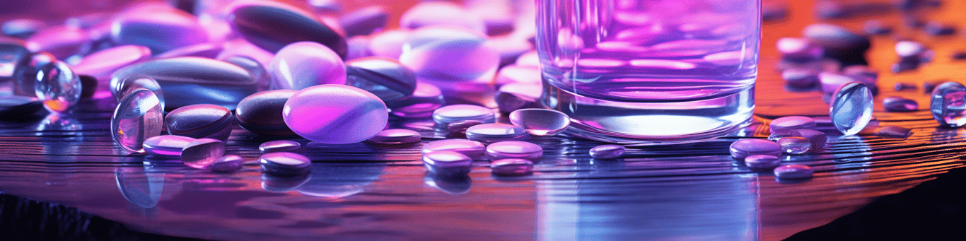image of drug pills surrounding a glass of water symbolizing drug consumption