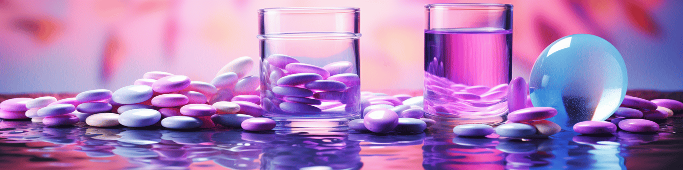 image of drug pills surrounding a glass of water symbolizing drug consumption