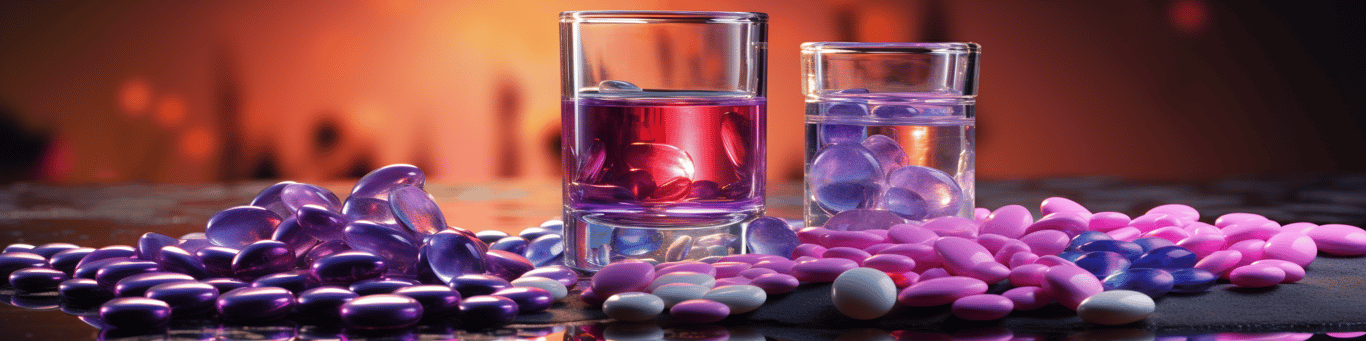 image of drug pills surrounding a glass of water symbolizing drug consumption