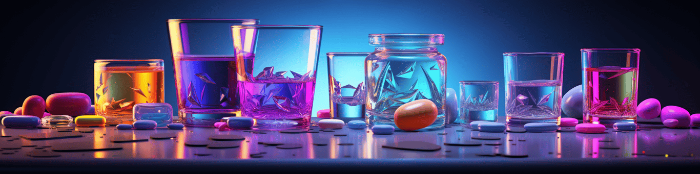 image of drug pills surrounding a glass of water symbolizing drug consumption