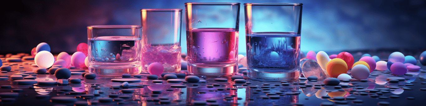 image of drug pills surrounding a glass of water symbolizing drug consumption