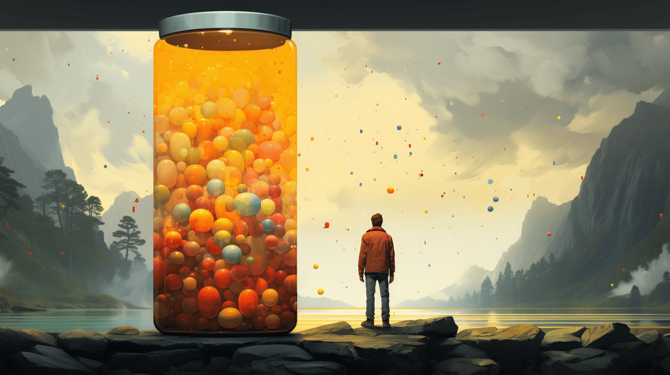 abstract image of a researcher studying a bottle of drug.