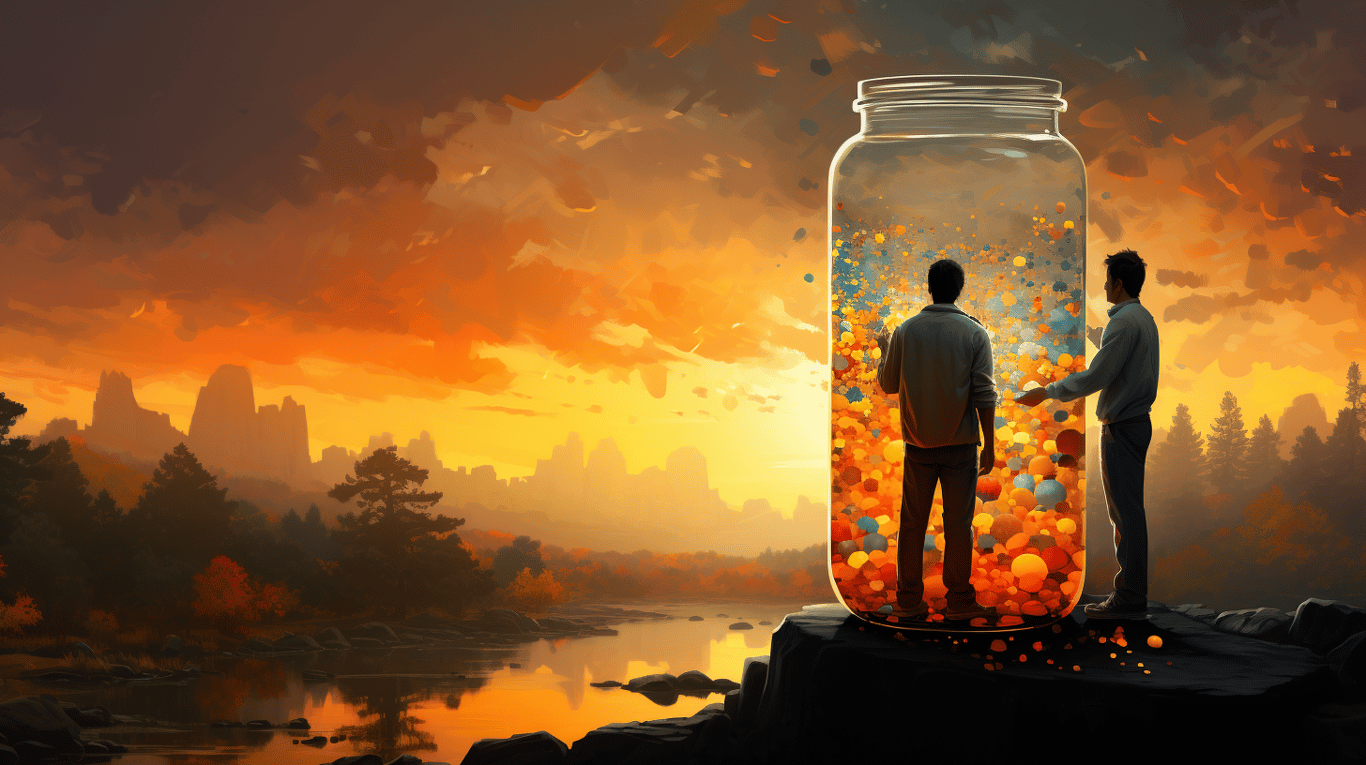 abstract image of a researcher studying a bottle of drug.