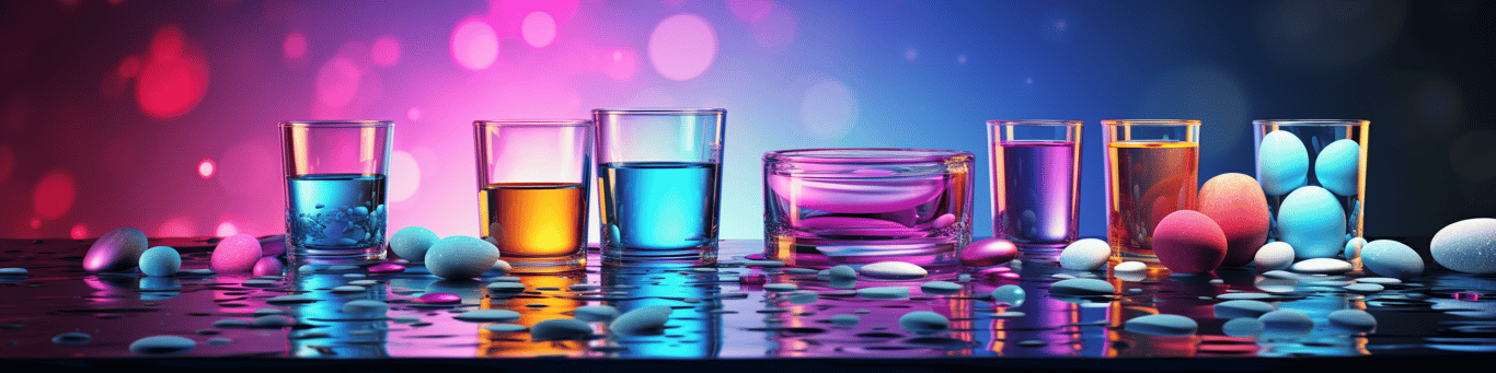 image of drug pills surrounding a glass of water symbolizing drug consumption